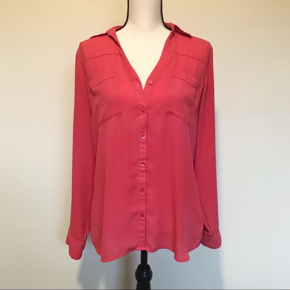 Express Pink V-Neck Button Up Blouse
